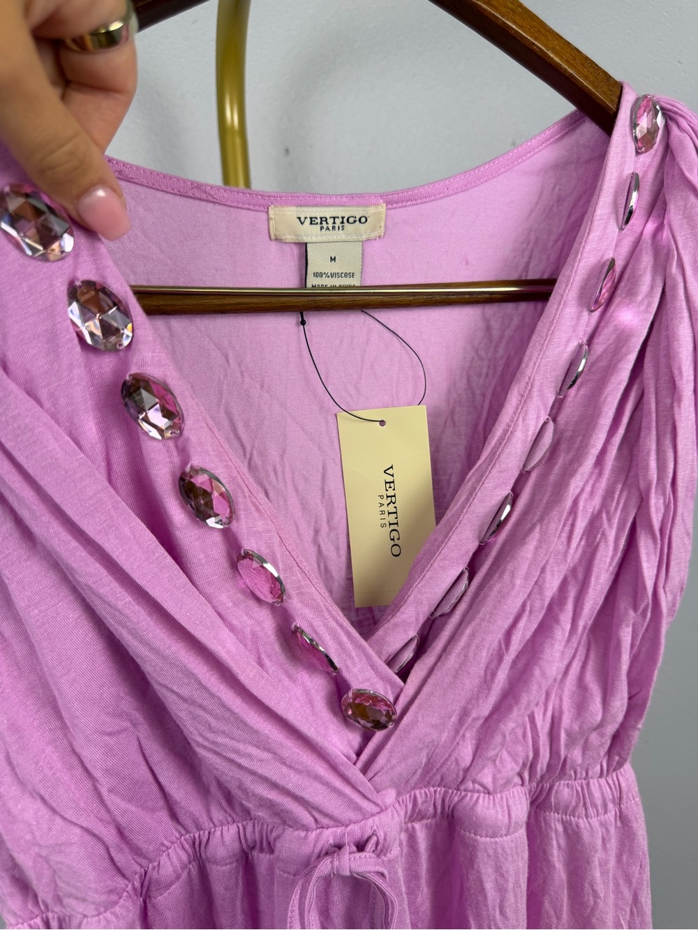 NWT Vertigo Dahlia Pink Jeweled V Neck Midi Dress M $270 - Picture 2 of 7